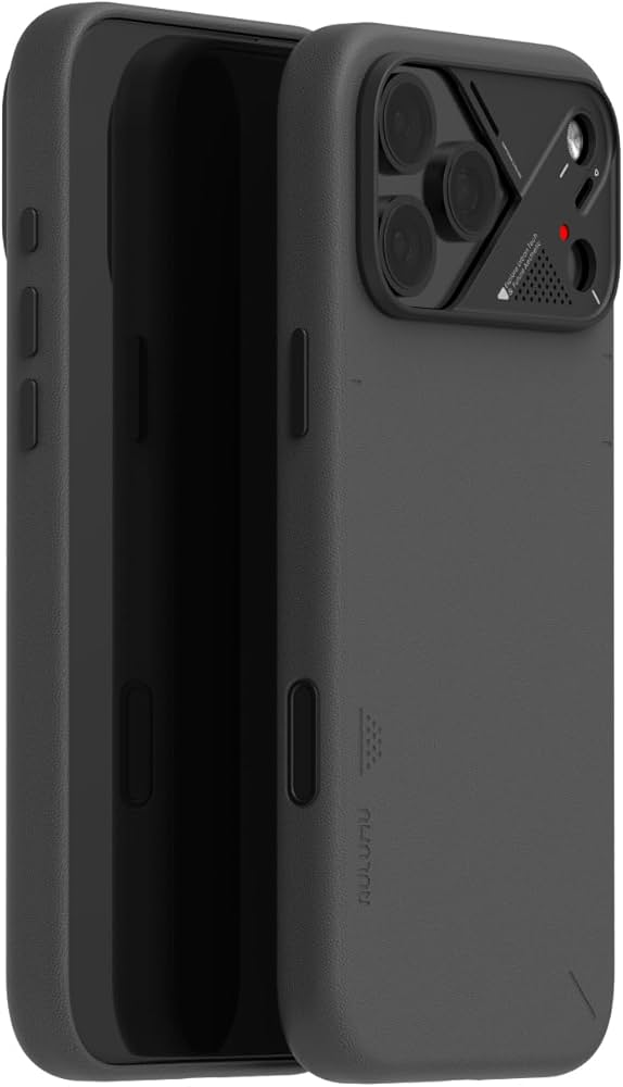 Black phone case with a textured design on a white background