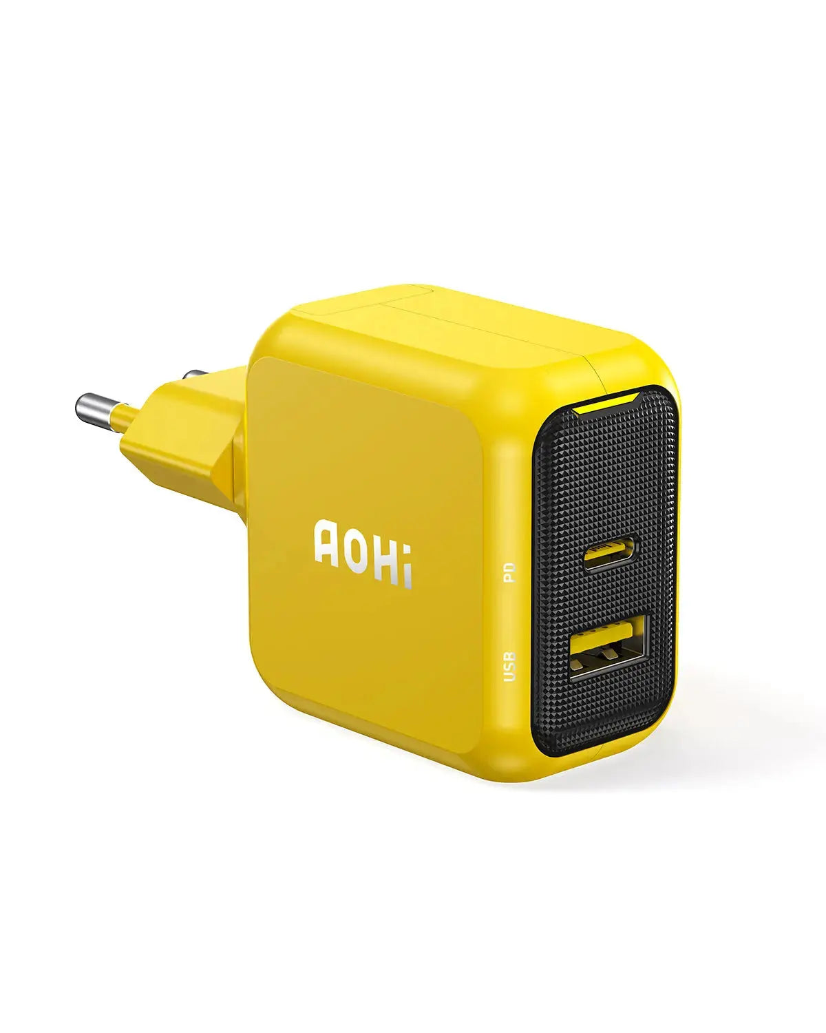 Yellow AOHI power adapter with two USB ports on a white background