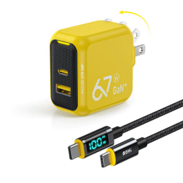 Yellow charging adapter with USB-C cable on a white background