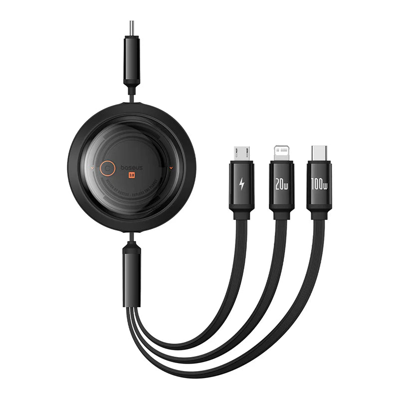 Black charging cable with multiple connectors on a white background
