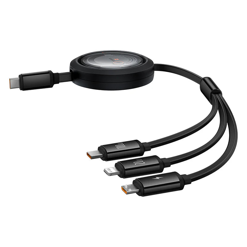 Black multi-device charging cable with multiple connectors on a white background