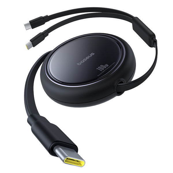 Black USB-C cable with circular connector on a white background