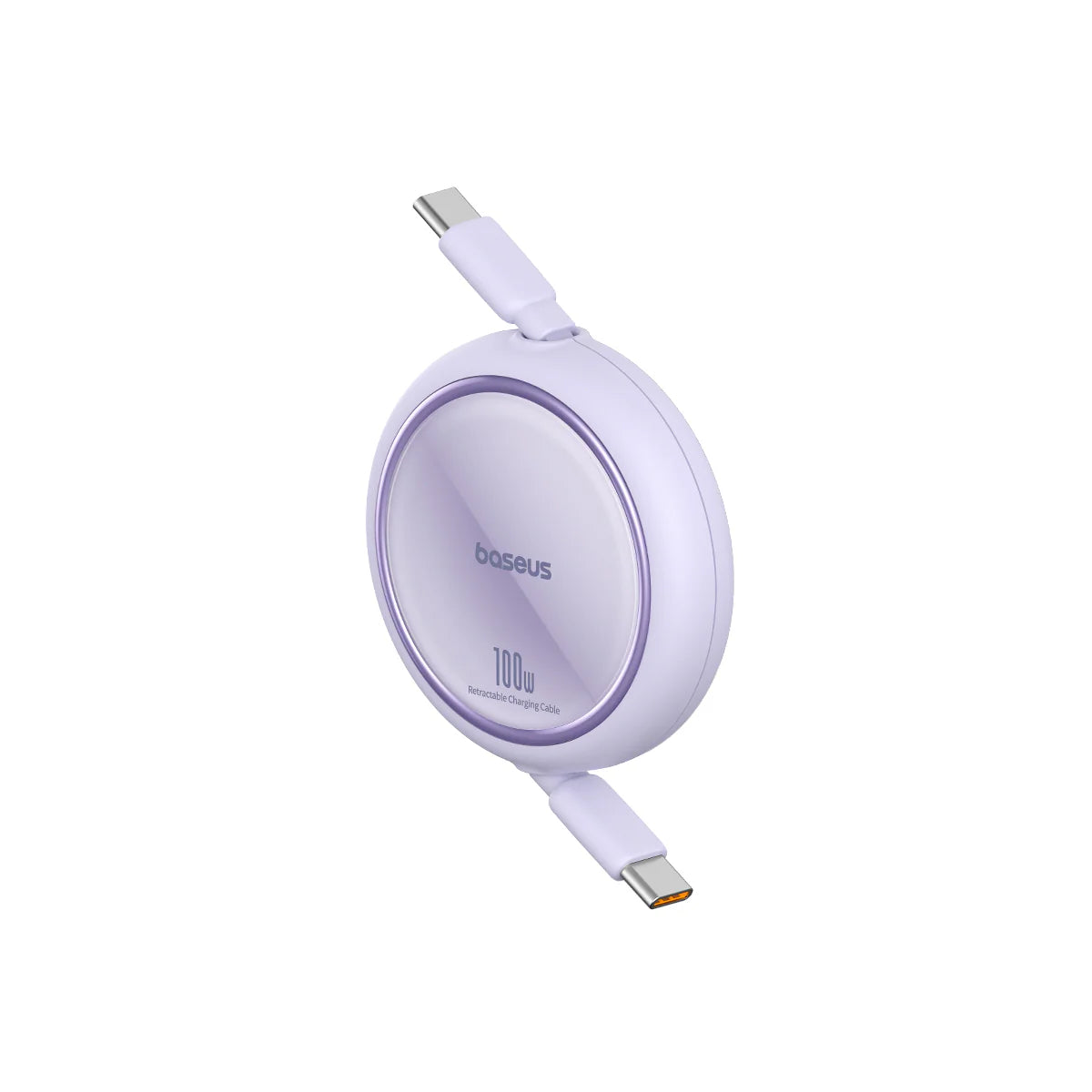 Retractable USB cable with round charging head on a white background