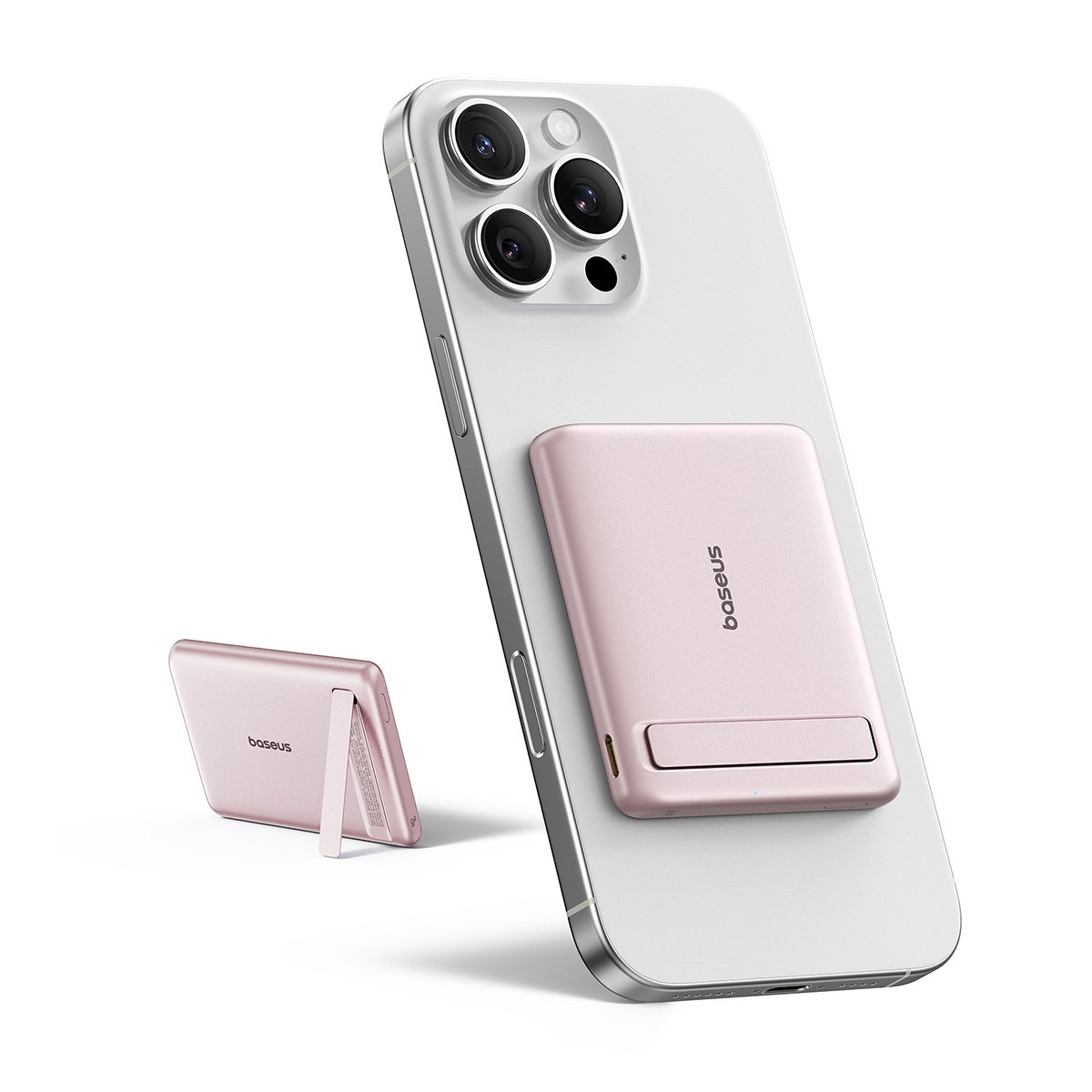 Smartphone with a pink magnetic attachment on a white background