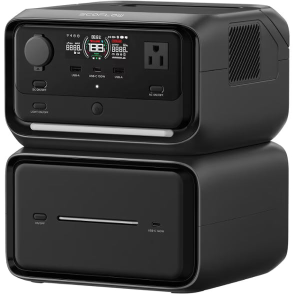 Black power station with digital display and multiple ports on a white background