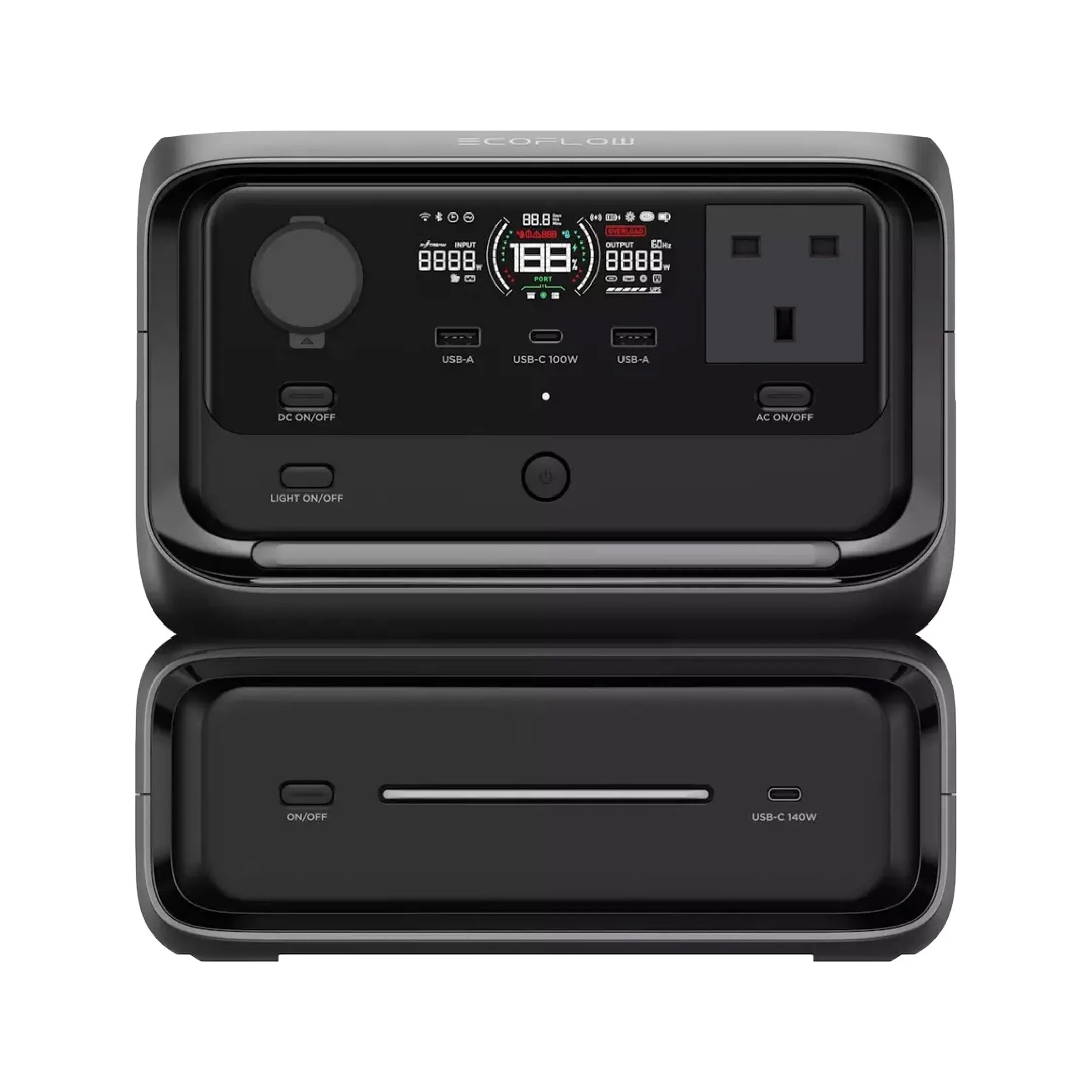Black portable power station with digital display on a white background
