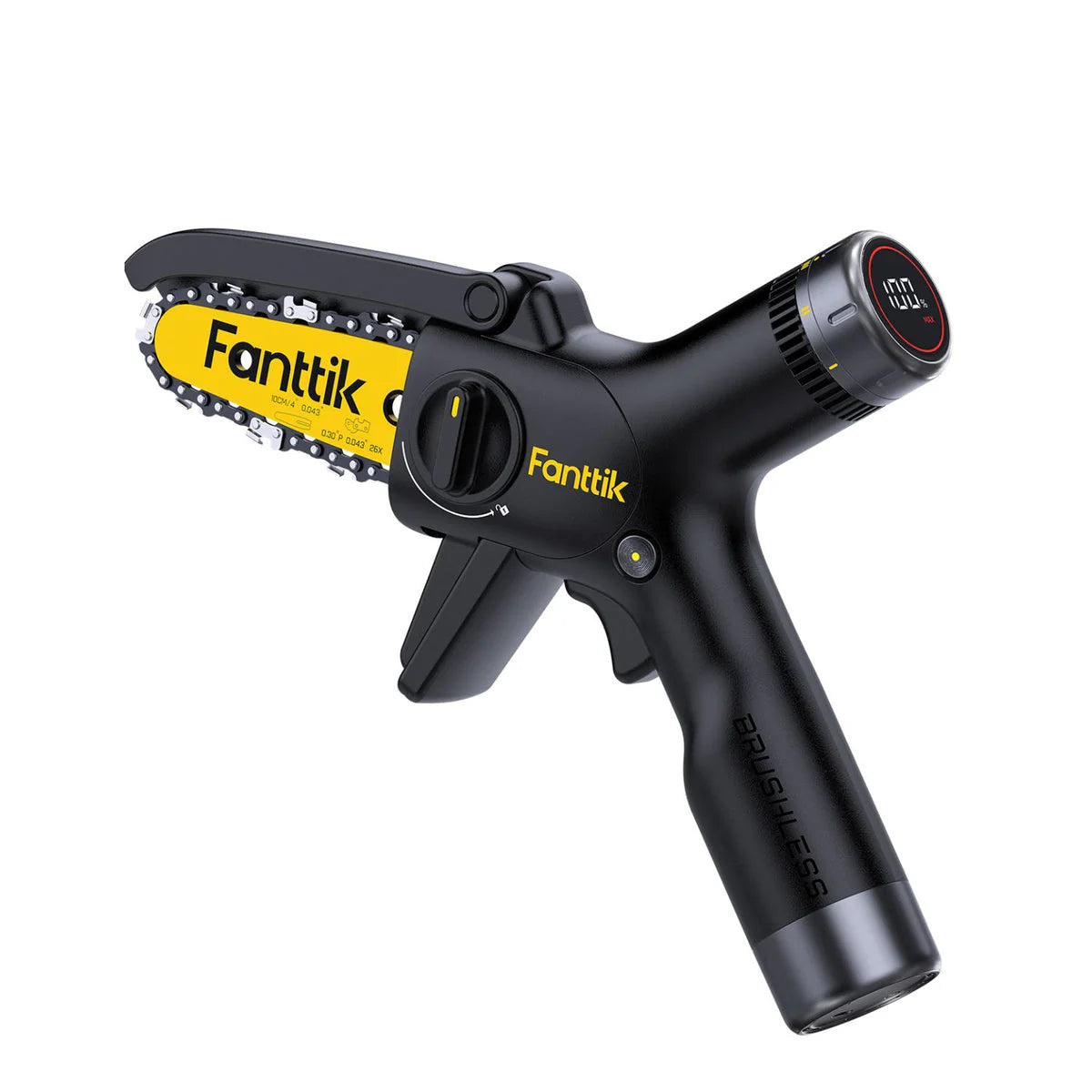 Black chainsaw with yellow label on a white background