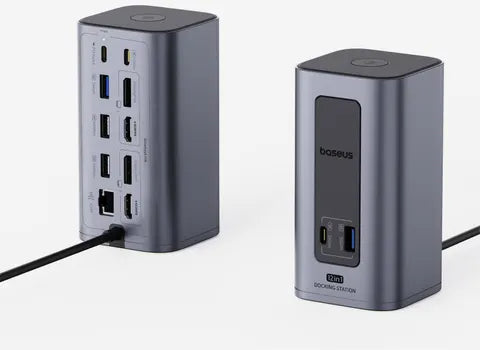 Two gray power stations with multiple ports on a white background