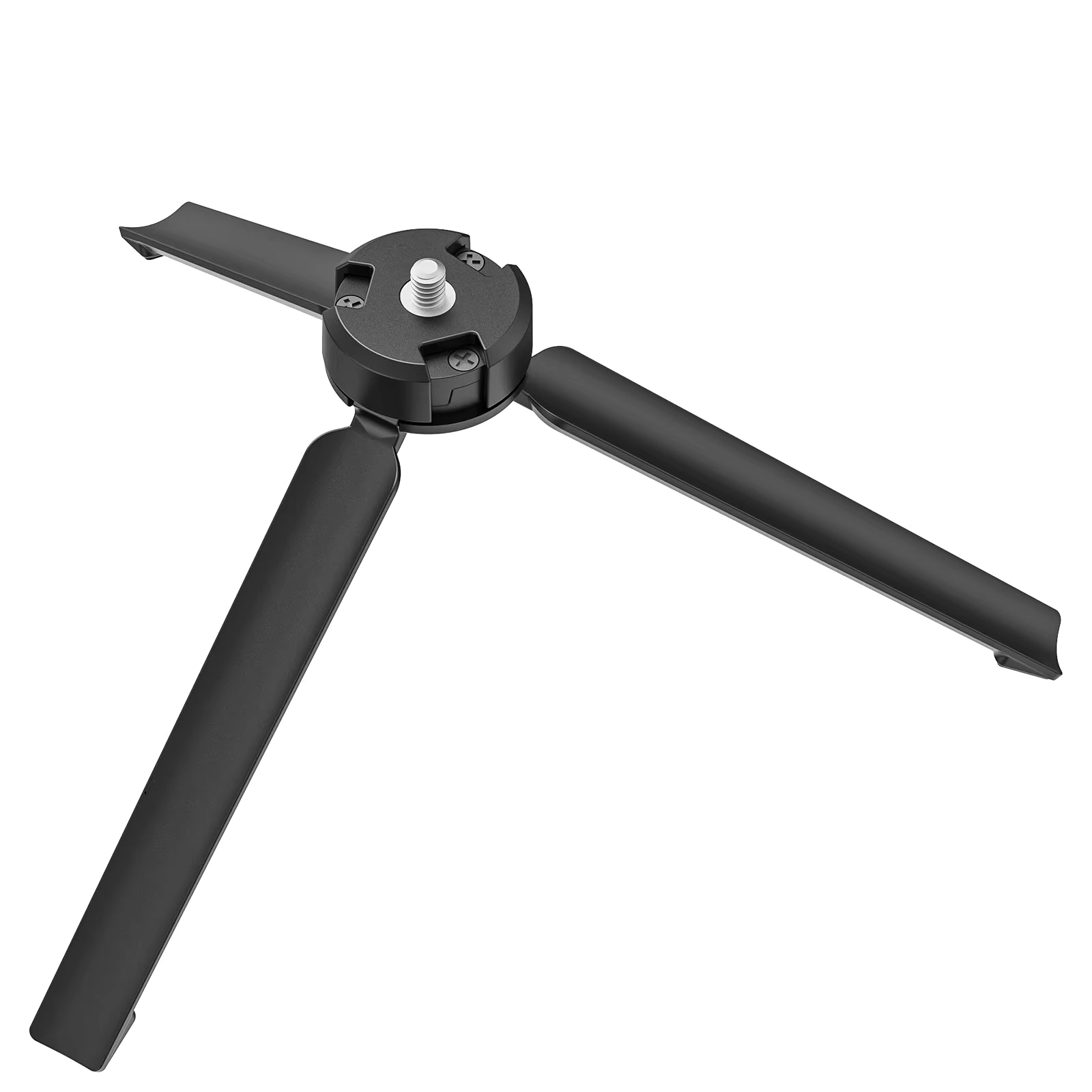 Black adjustable tripod stand on a white background