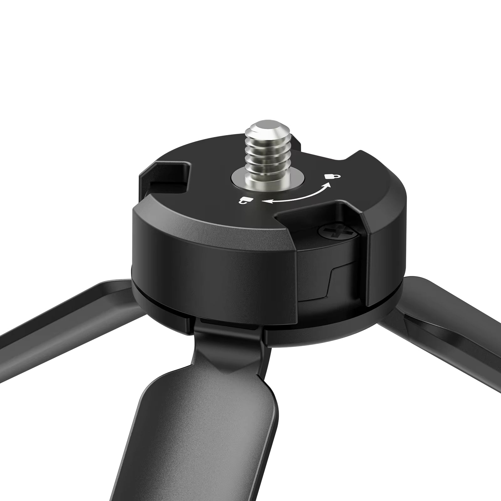 Close-up of a black tripod head on a white background