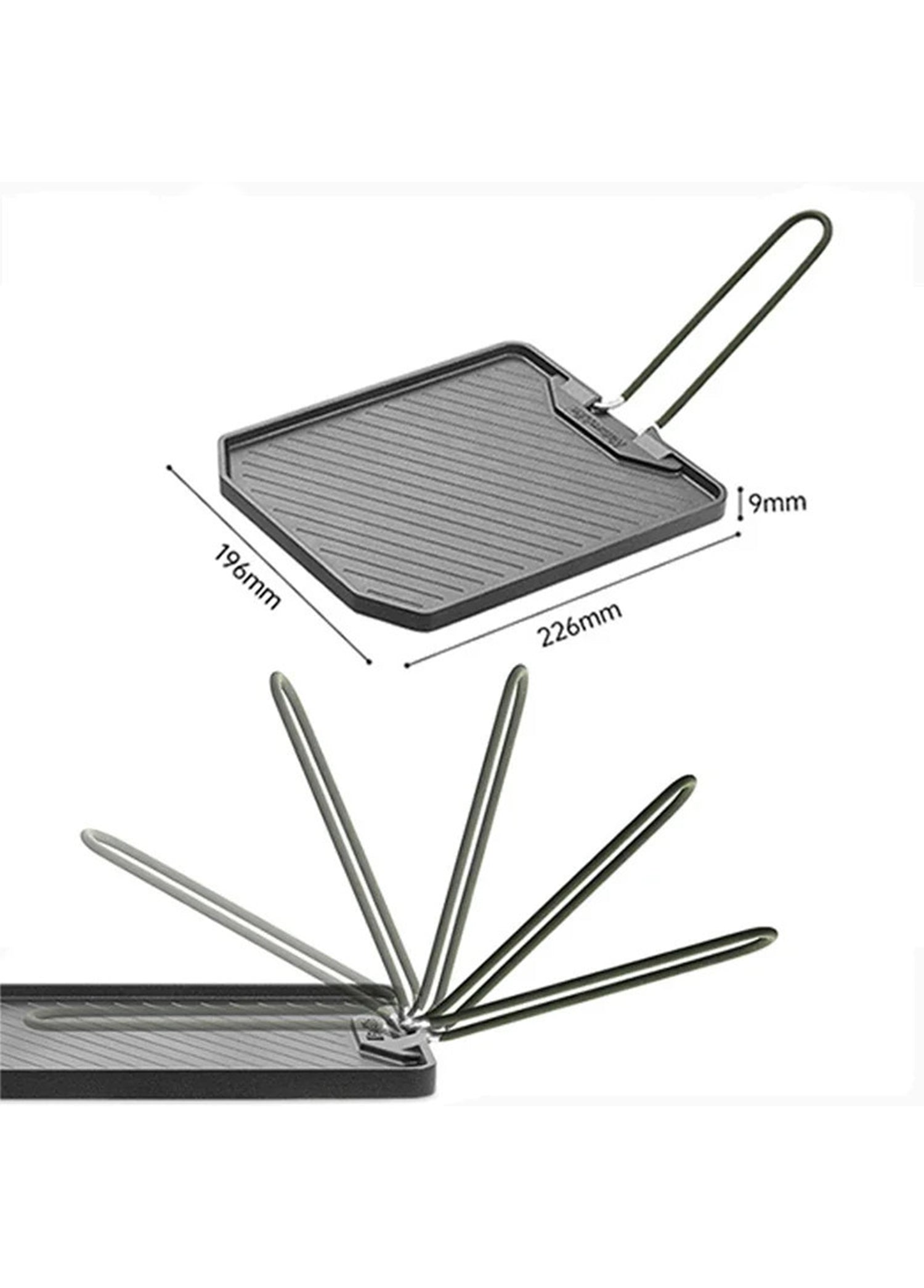 Portable grill pan with dimensions on a white background