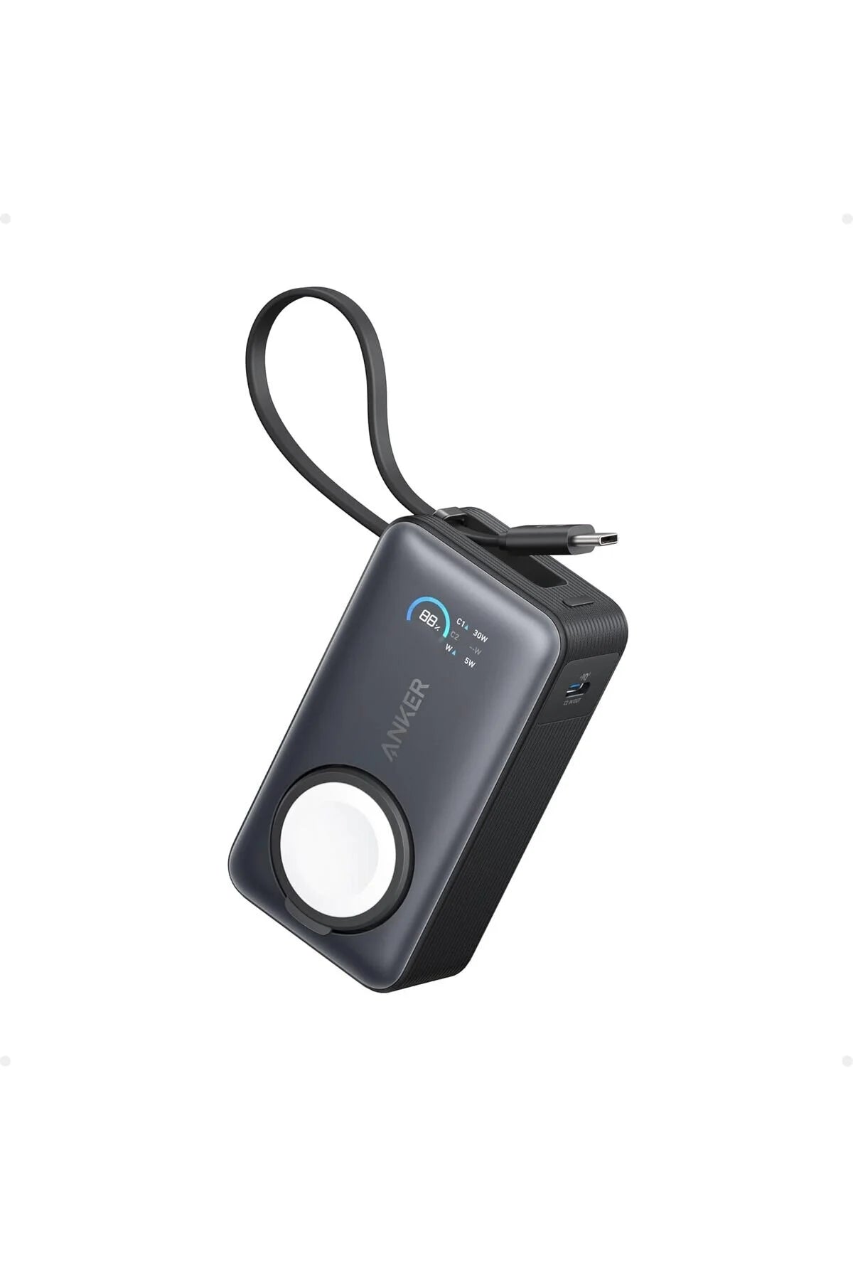 Black device with a strap on a white background