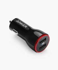 Anker car charger with two USB ports on a white background