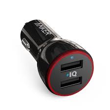 Anker car charger with two USB ports on a white background