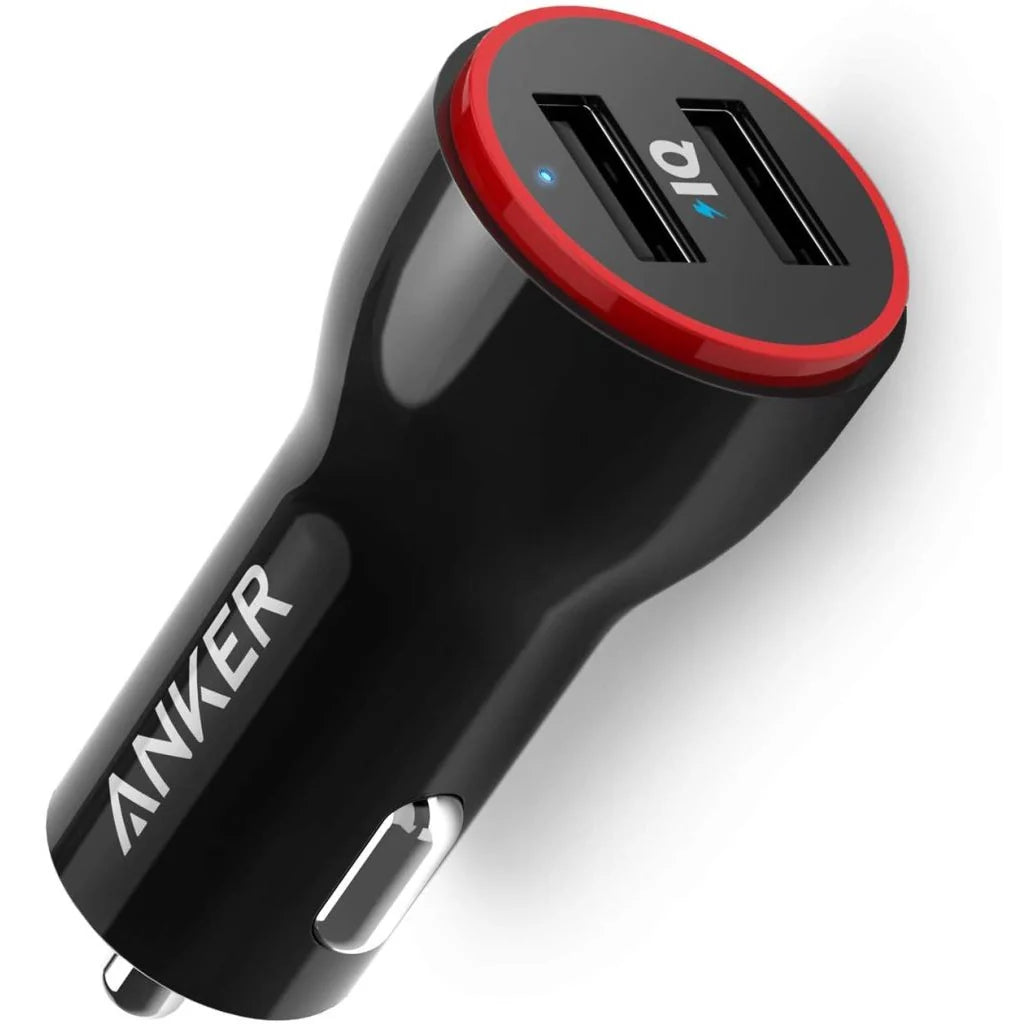 Anker car charger with two USB ports on a white background