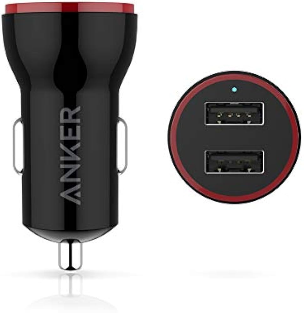 Anker car charger with dual USB ports on a white background