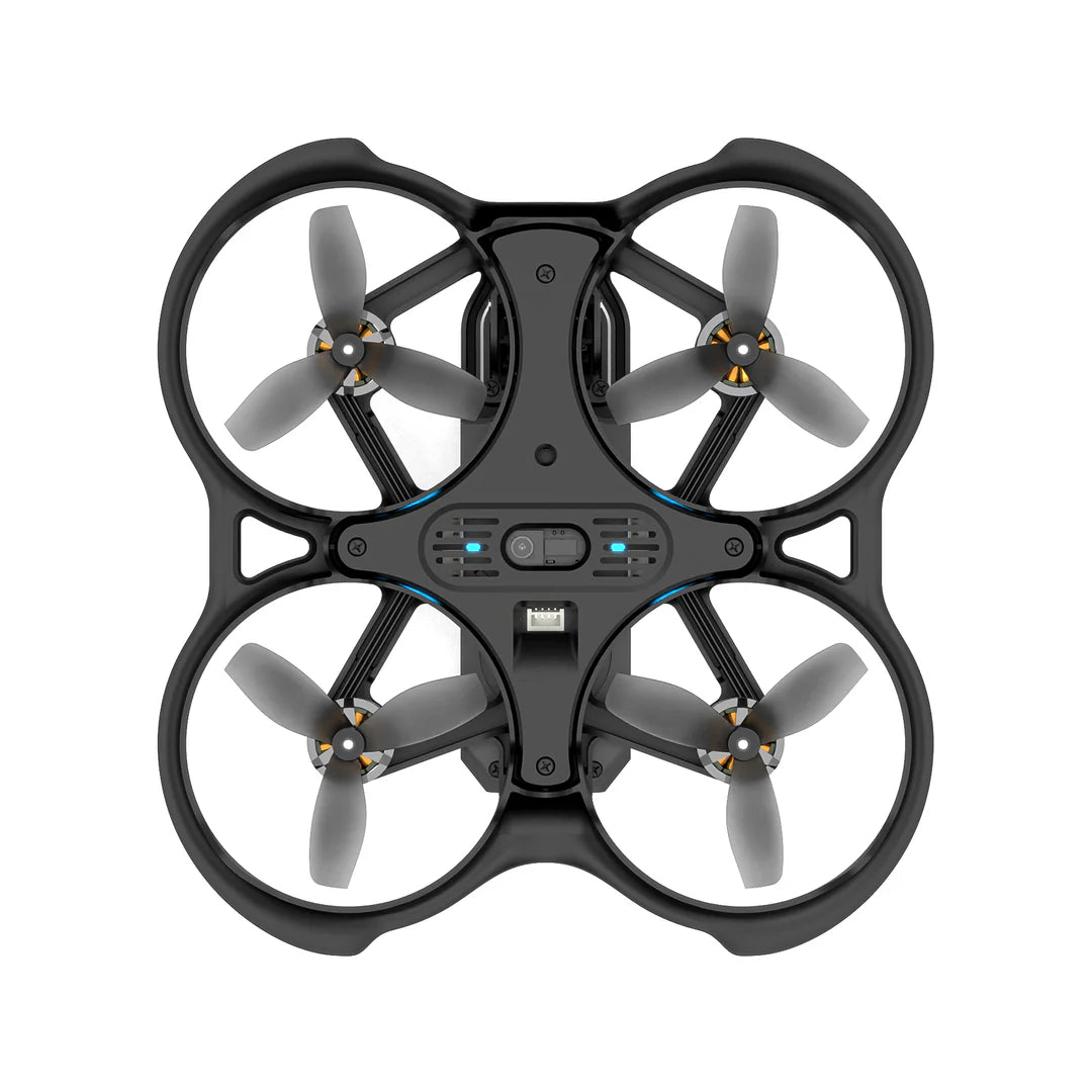 Black drone with four propellers on a white background