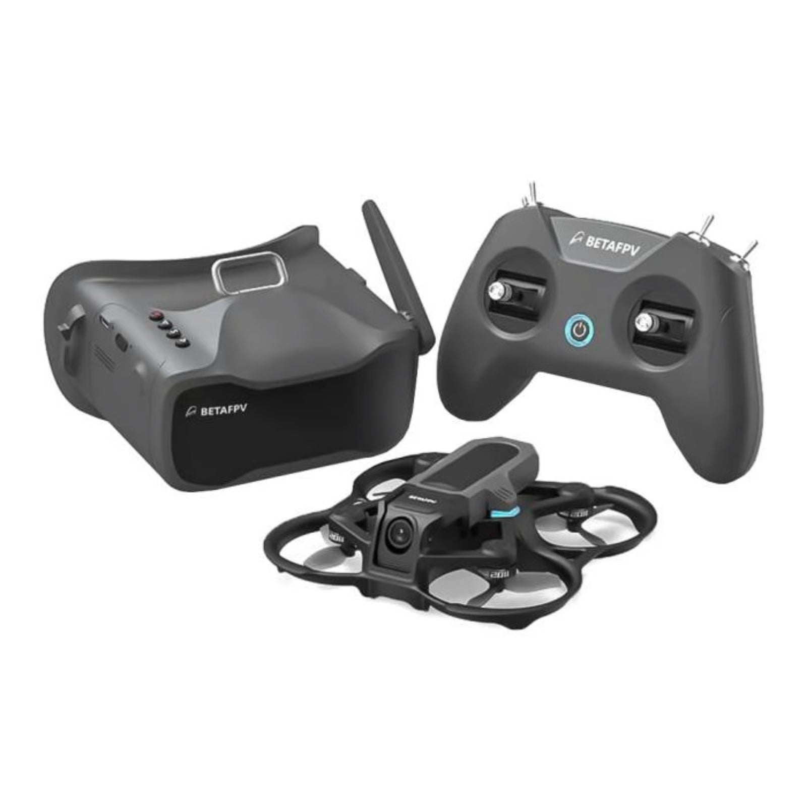 Black drone with remote control and headcam on a white background