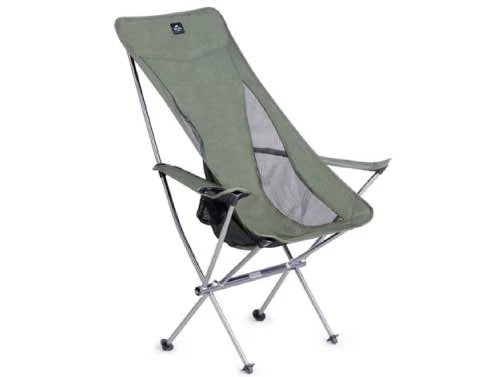 Green camping chair with a white background