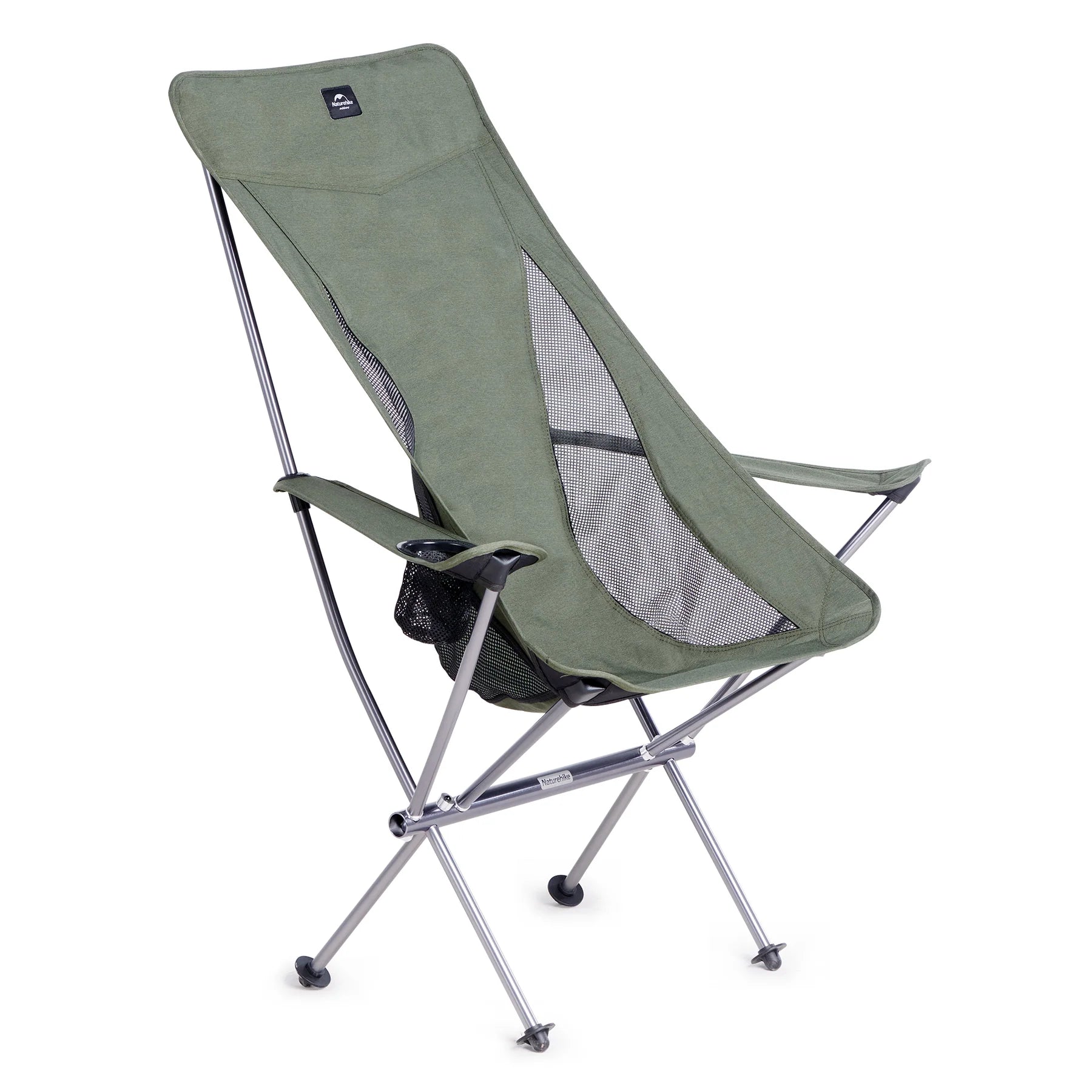 Green camping chair with mesh back on a white background