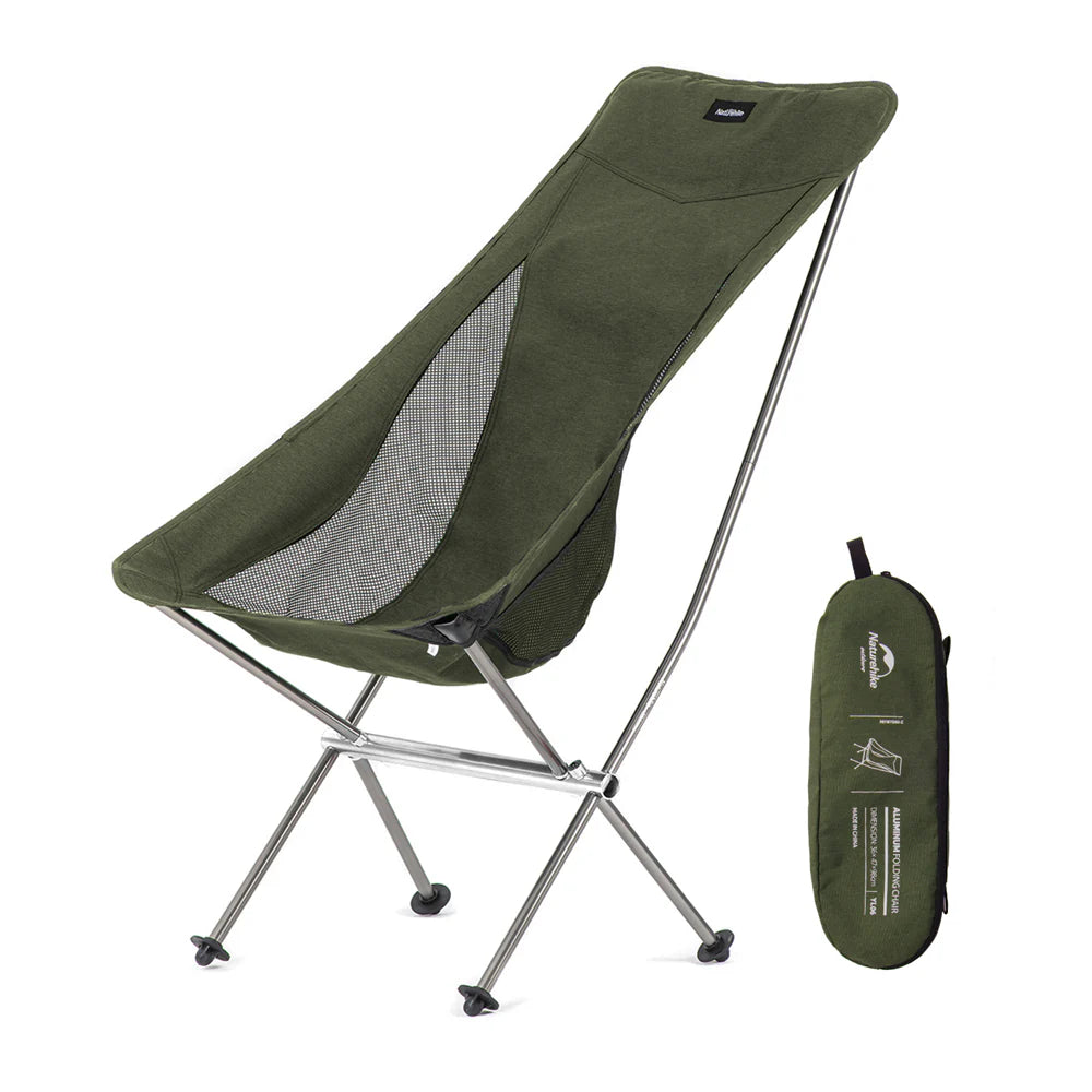 Green camping chair with carrying bag on a white background