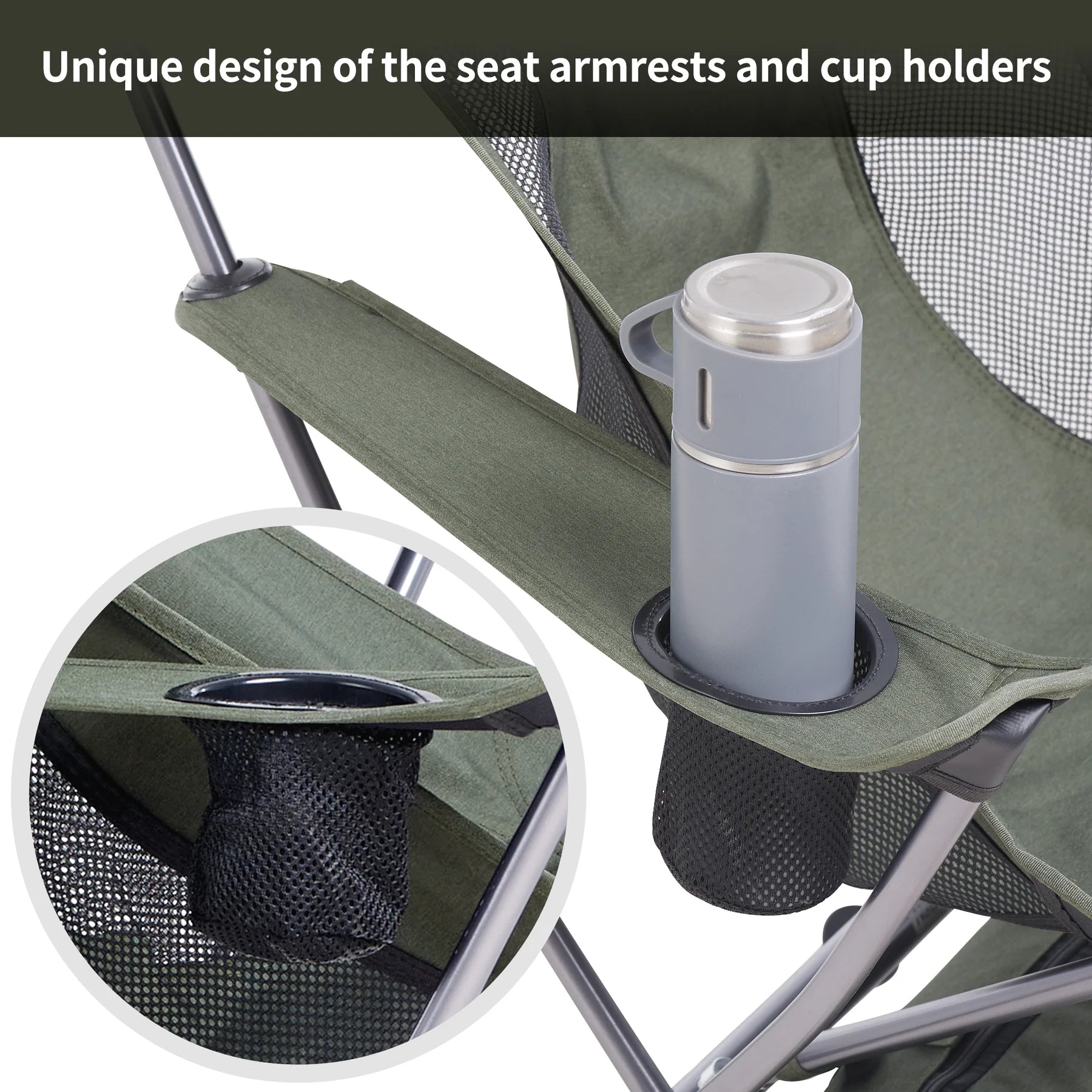 Green camping chair with cup holders and a close-up of one of the holders.