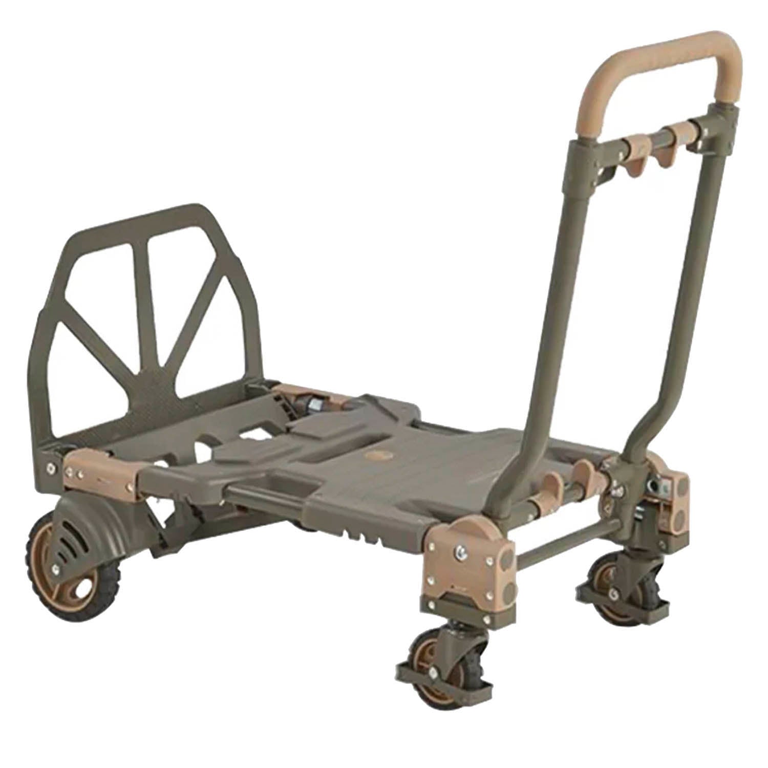 Green and brown cart with wheels and handle on a white background