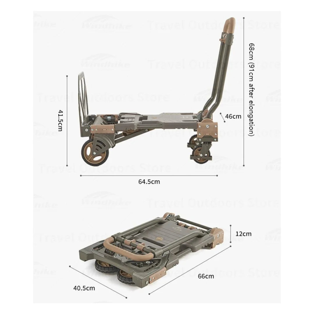 Measurement chart of a folding cart with dimensions labeled on a white background
