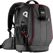 Gray backpack with red accents and a visible brand logo on a black background