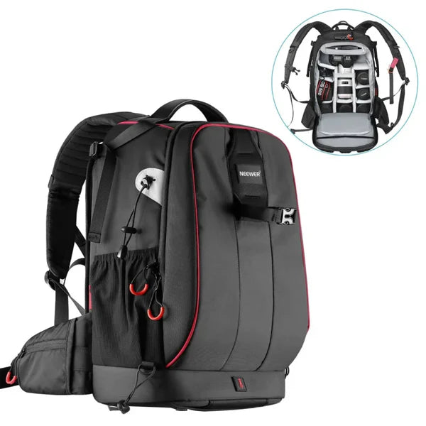 Gray and black backpack with red accents on a white background