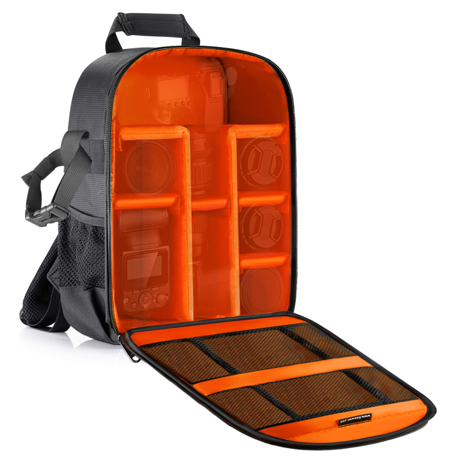 Black and orange backpack with open compartments on a white background