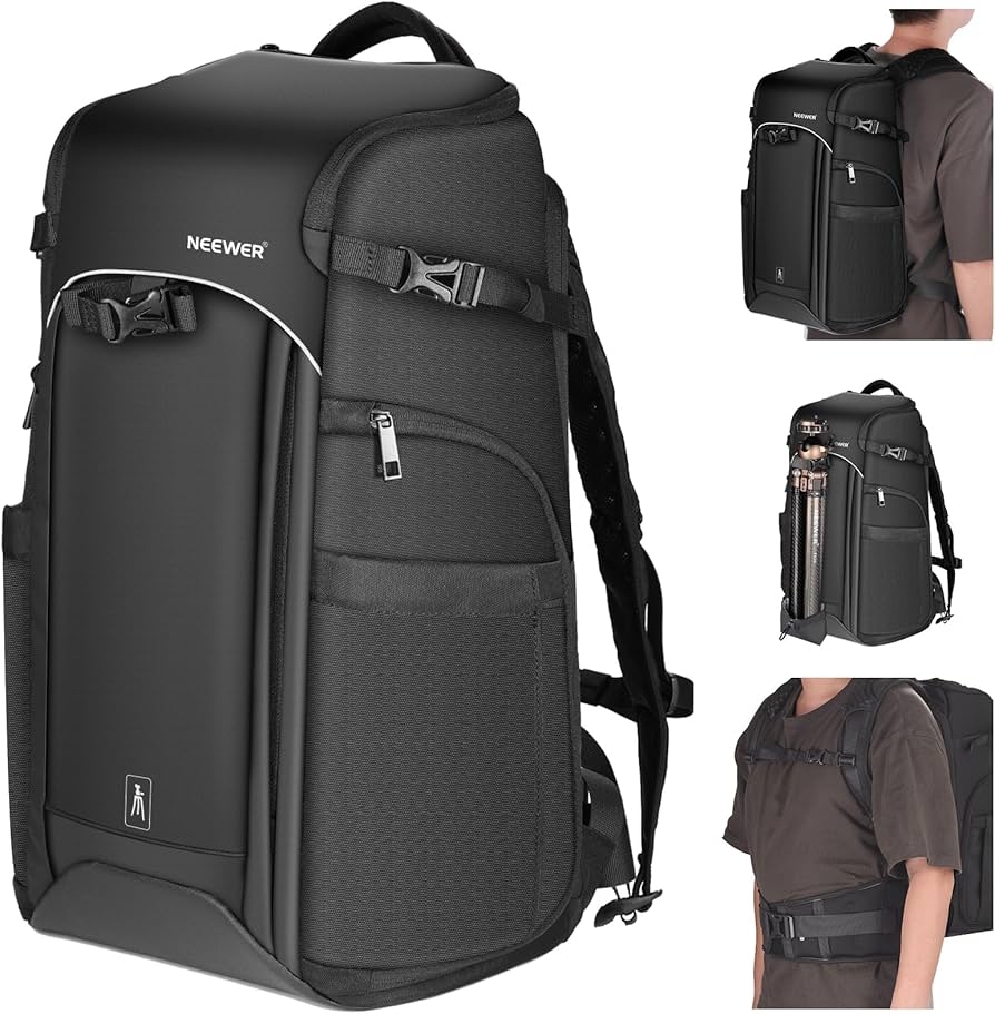 Black backpack with multiple angles and a person wearing it on a white background