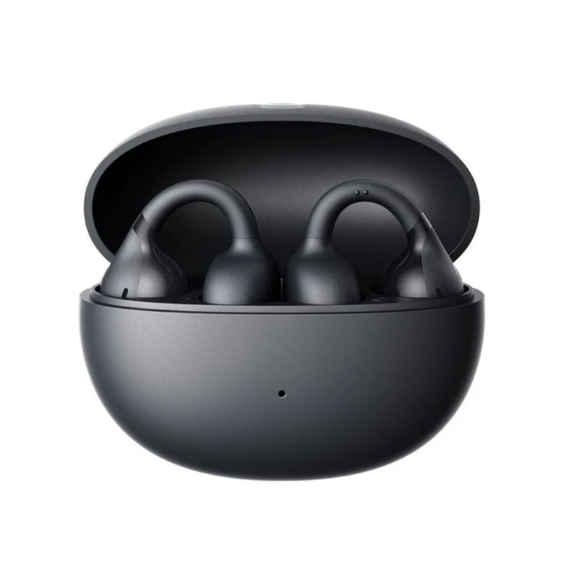 Black wireless earbuds in a charging case on a white background