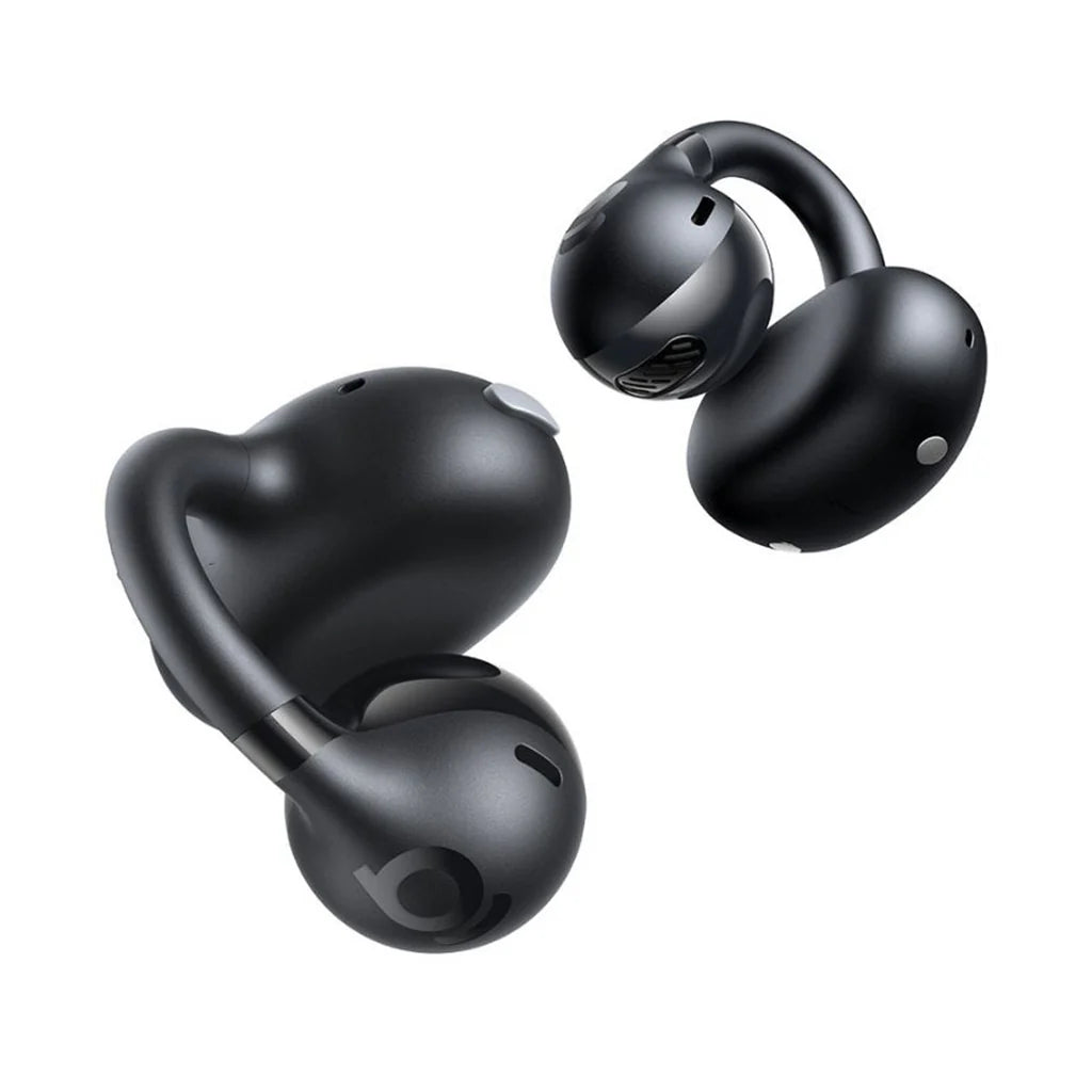 Black wireless earbuds with charging case on a white background