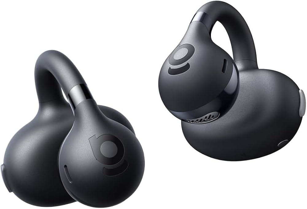 Pair of black wireless earbuds on a white background