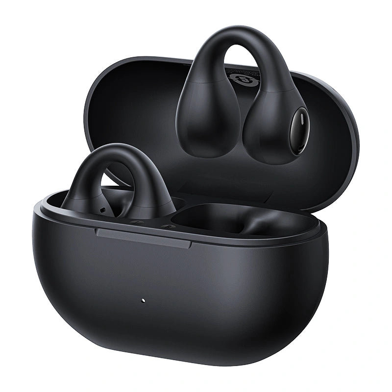Black wireless earbuds in an open charging case on a white background