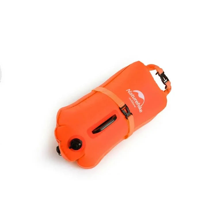Orange waterproof bag with a brand logo on a white background