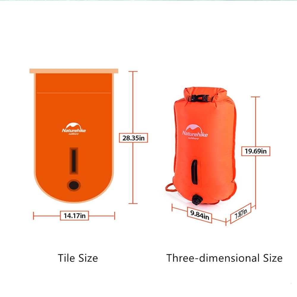 Orange inflatable dry bag with dimensions labeled on a white background