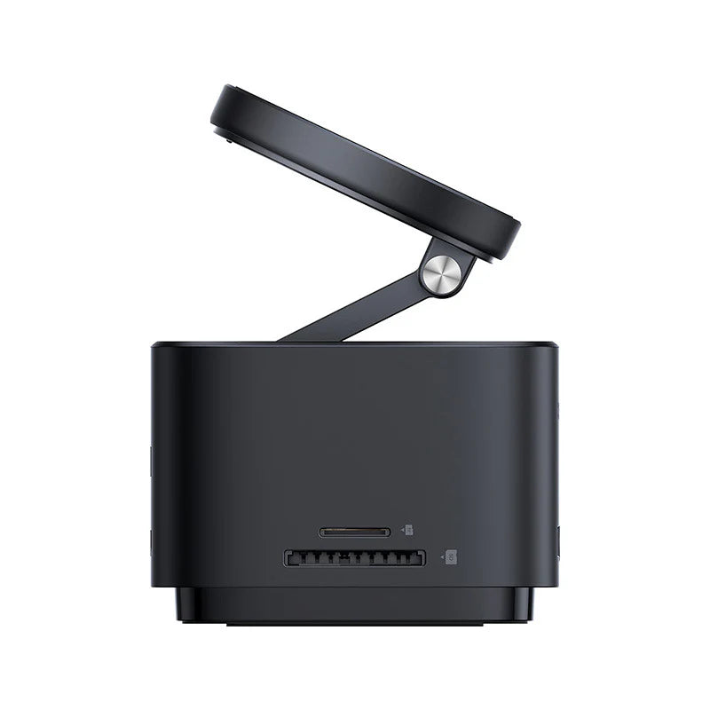 Black electronic device with a rotating component on a white background