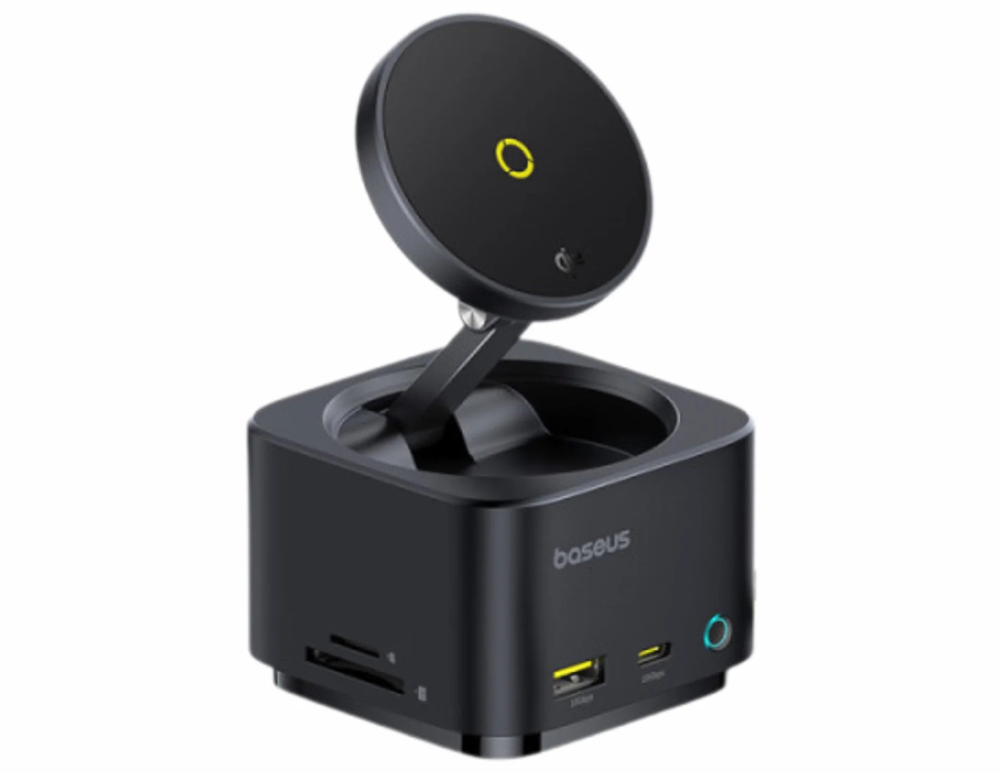 Black charging station with multiple ports and a wireless charging pad on a white background