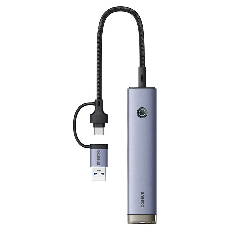 Multi-device charging cable with USB connector on a white background