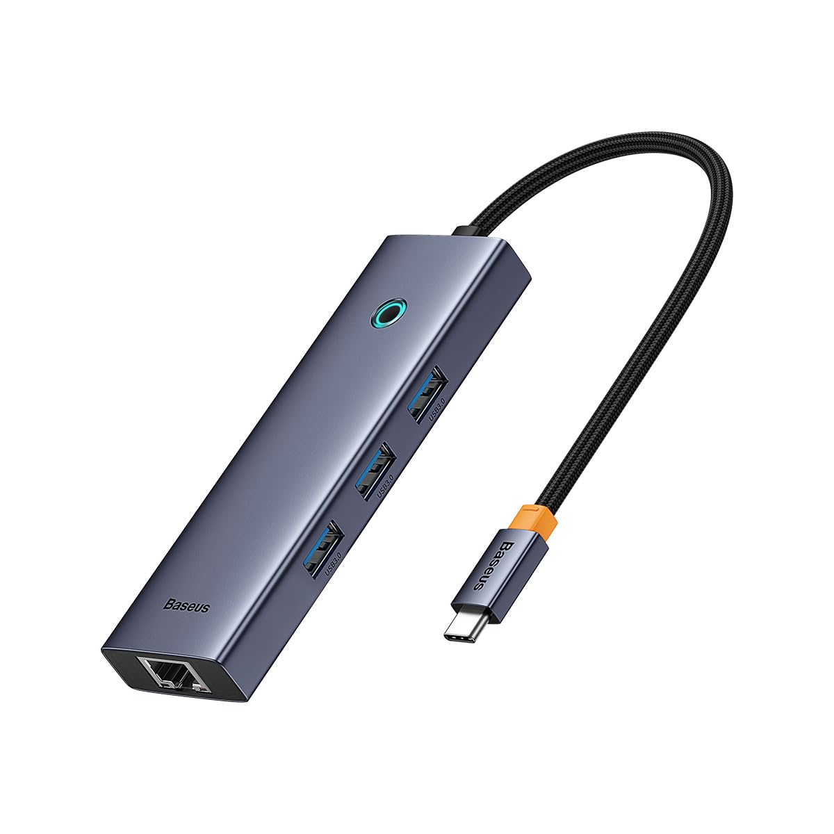 USB hub with multiple ports and a cable on a white background