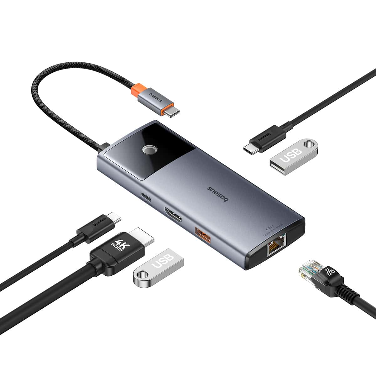 Multifunctional USB hub with various cables on a white background