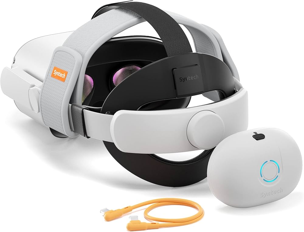 VR headset and controller with SyncTech branding on a white background