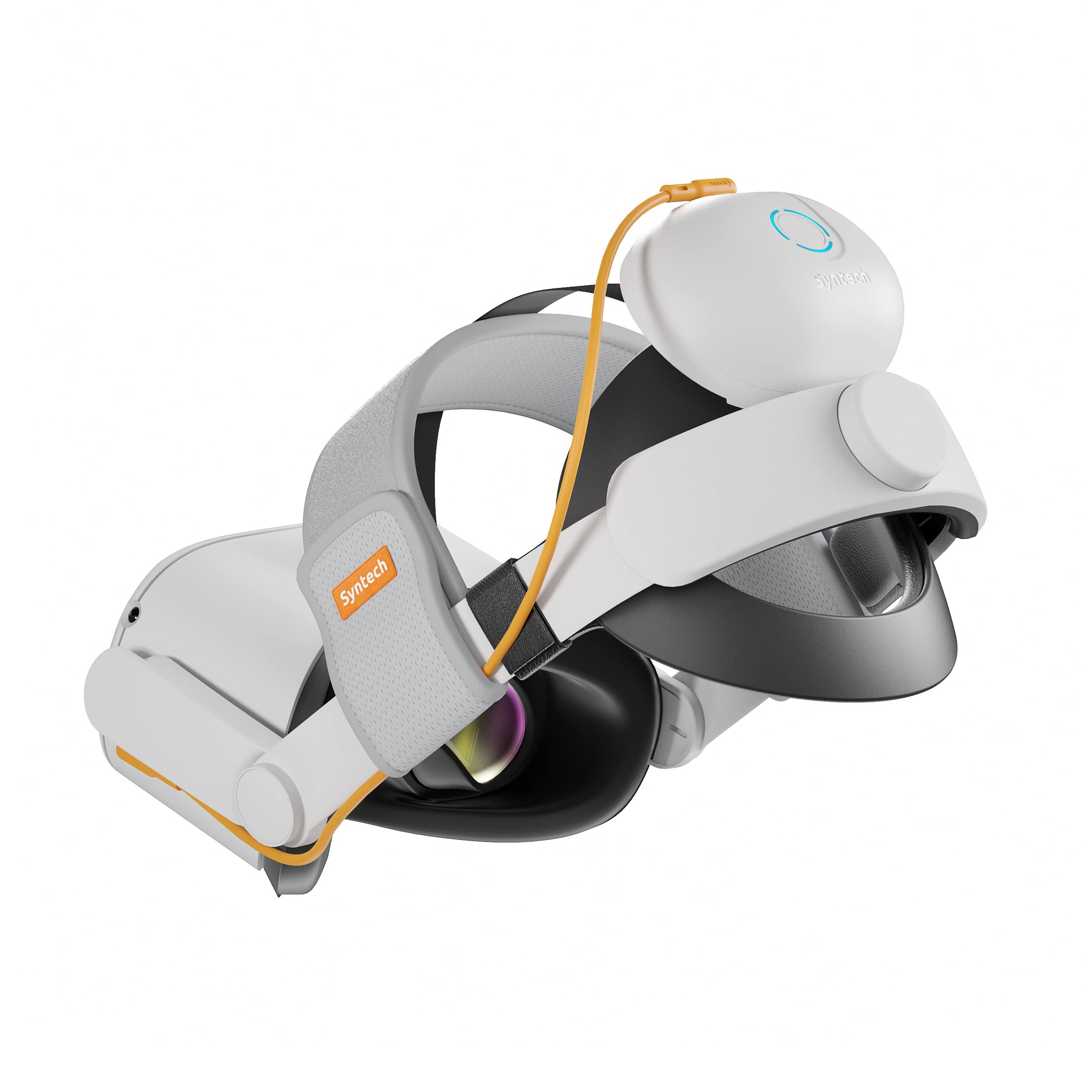 White and gray virtual reality headset with orange accents on a white background
