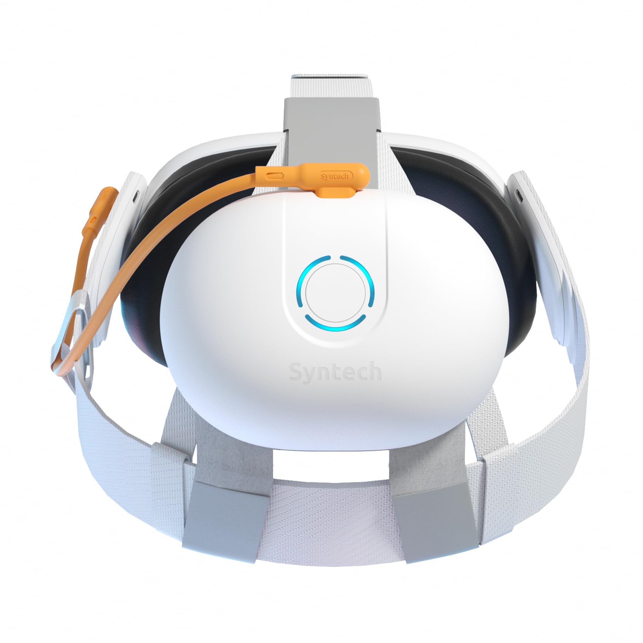 White and gray device with orange accents on a white background
