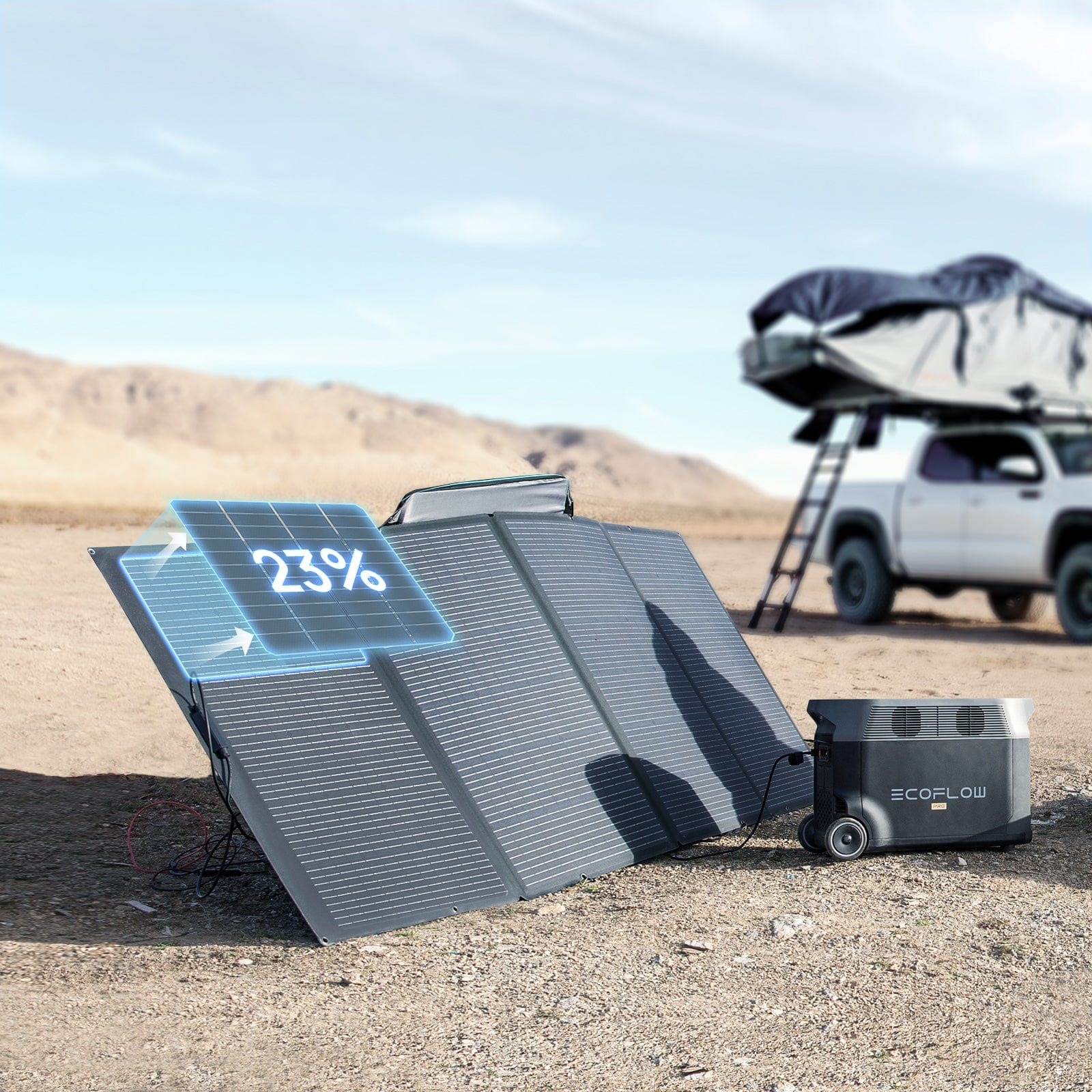 Solar panels with a power display in a desert setting next to a vehicle with a rooftop tent.