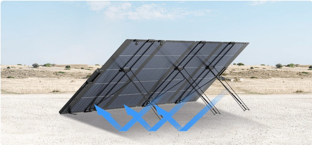 Foldable solar panel on a desert landscape with blue arrows indicating movement