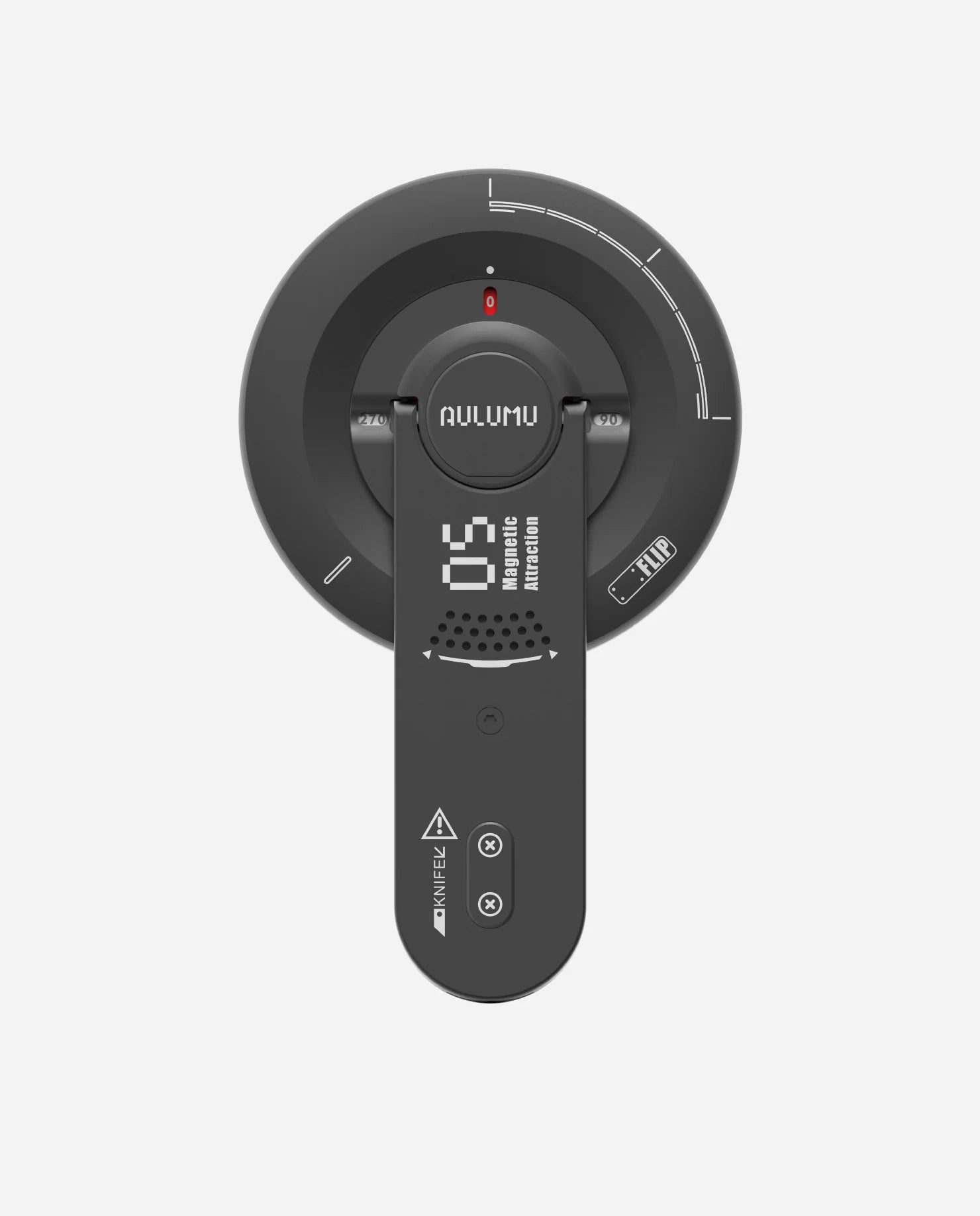 Black window cleaning robot with digital display on a white background
