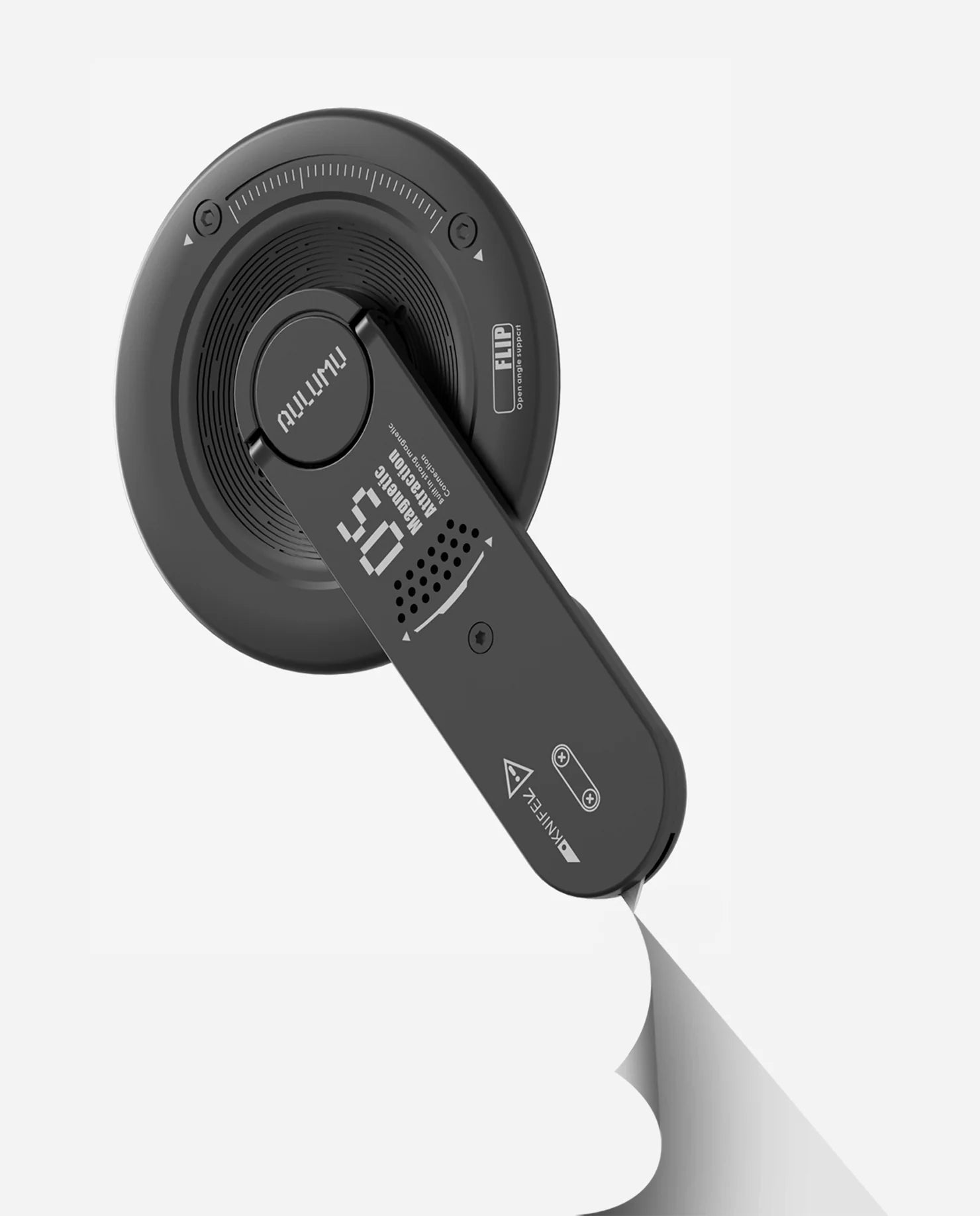 Black handheld shower head with digital display on a white background